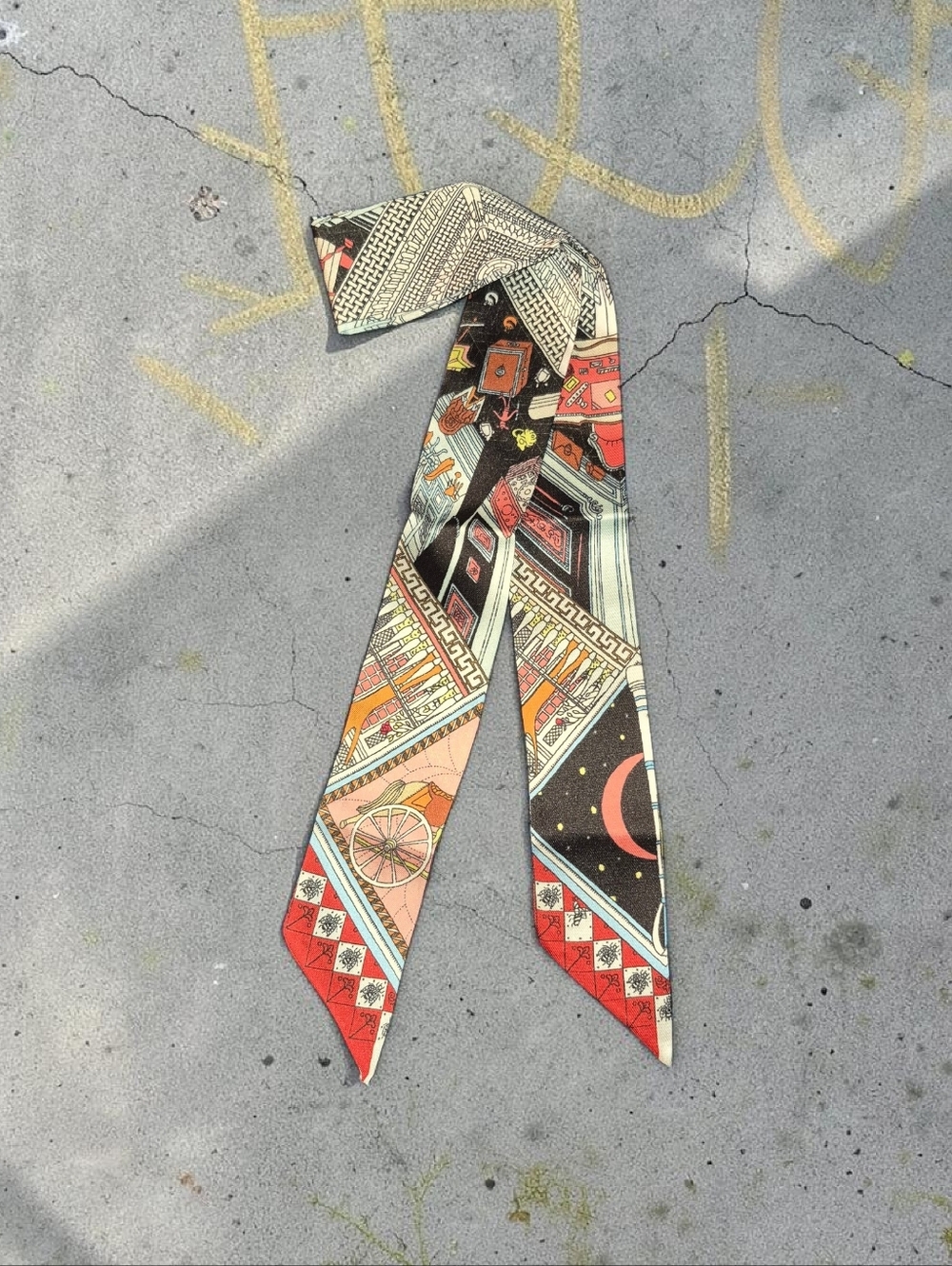 Twilly-style Satin Scarf Tie with Sun & Moon Motif